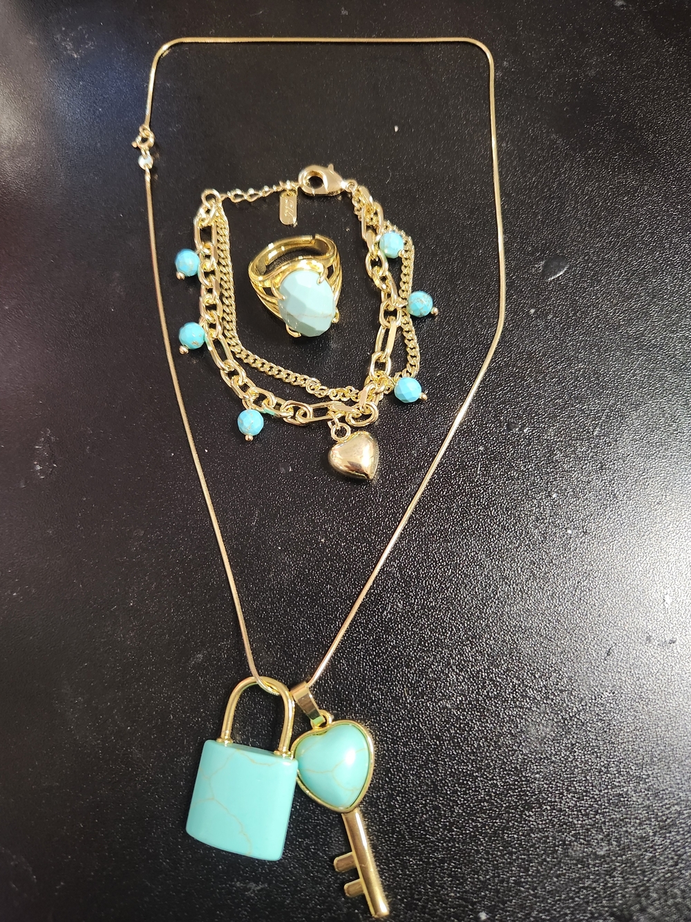 3 PCS Gold Plated Turquoise Heart & Key Necklace with Matching Bracelet and Ring